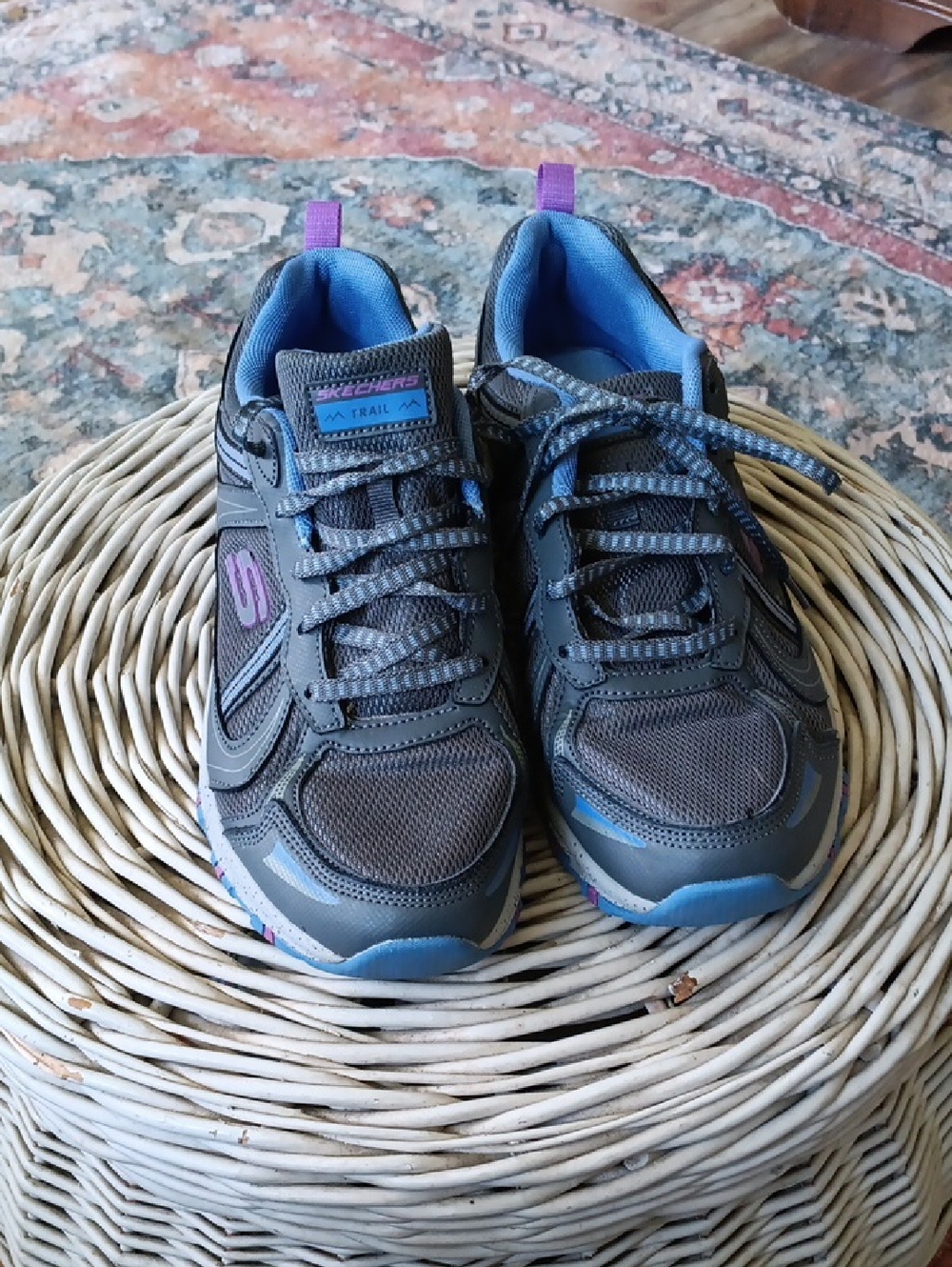 Skechers Ladies Gray Sneakers with Blue and Purple Accents